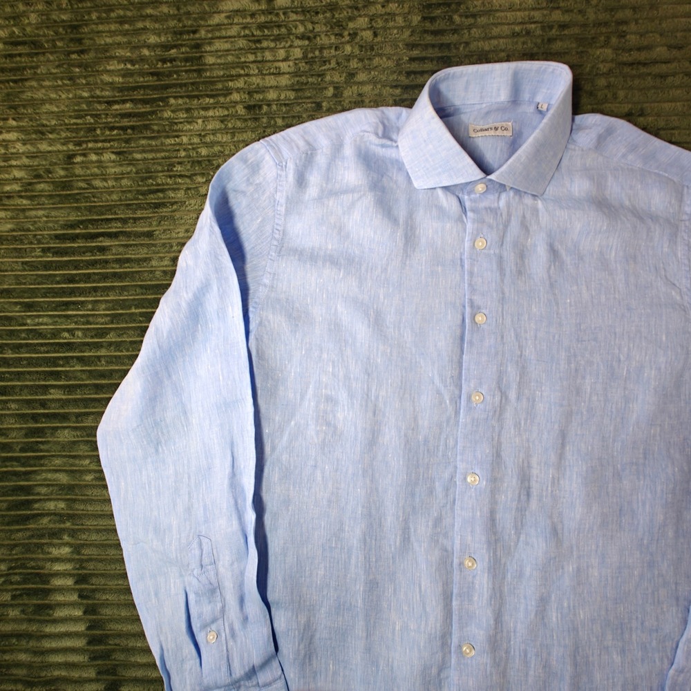 Collars & Co Mens Light Blue 100% Linen Long Sleeve Button Down Shirt Size L - Picture 10 of 15